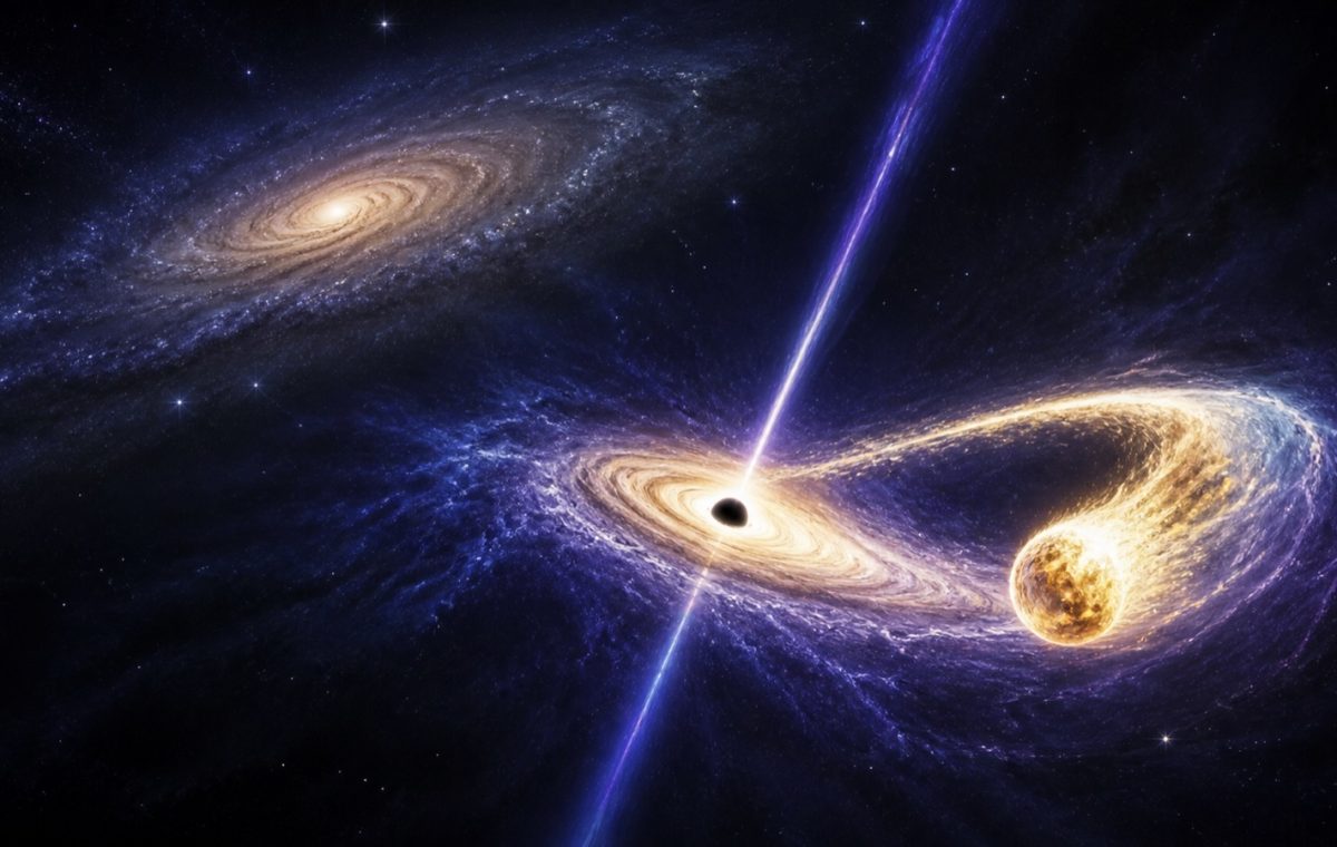Concepção artística de buraco negro distante de uma galáxia rompendo uma estrela
