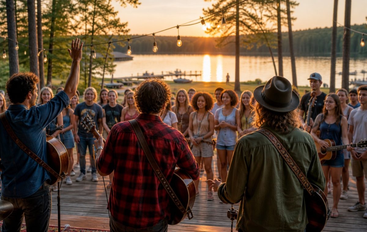 Três músicos recebem jovens artistas em palco à beira de um lago
