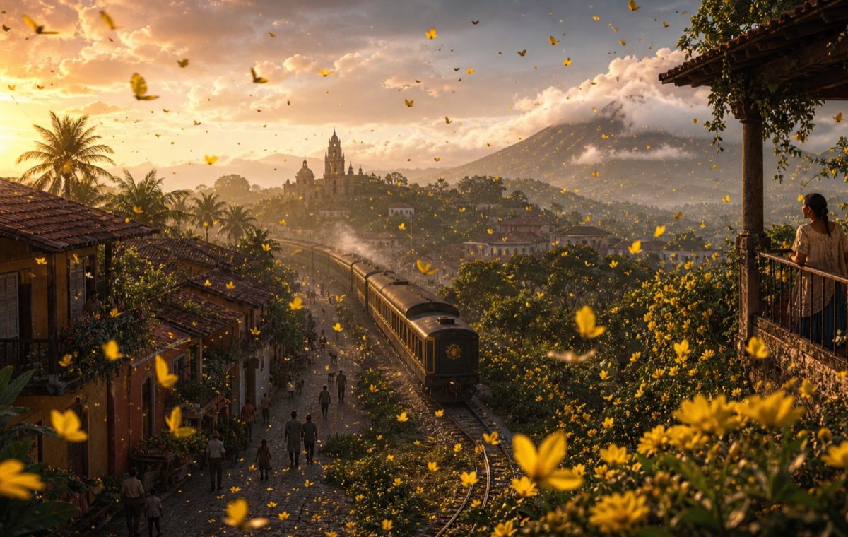 Cidade tropical inspirada no realismo mágico com trem, flores amarelas e borboletas