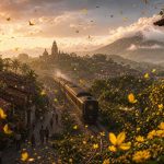 Cidade tropical inspirada no realismo mágico com trem, flores amarelas e borboletas