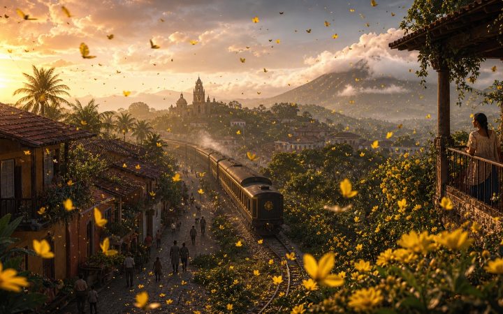 Cidade tropical inspirada no realismo mágico com trem, flores amarelas e borboletas