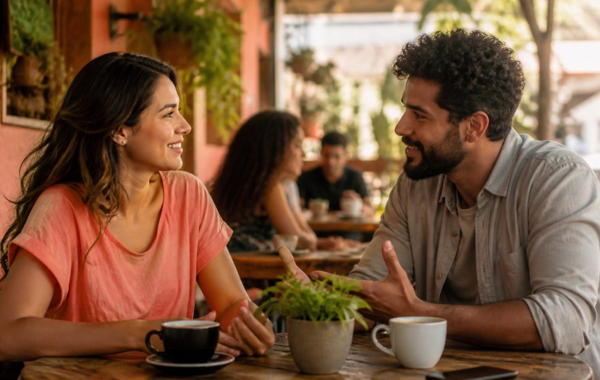 Duas pessoas conversam com atenção em uma mesa de café
