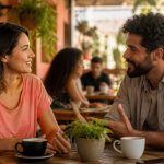 Duas pessoas conversam com atenção em uma mesa de café