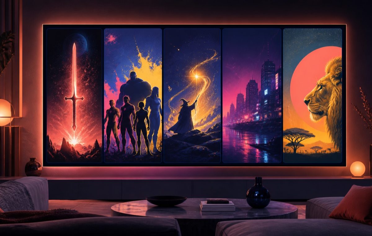 Televisão exibe uma vitrine colorida de fantasia, ficção científica, cidade e natureza