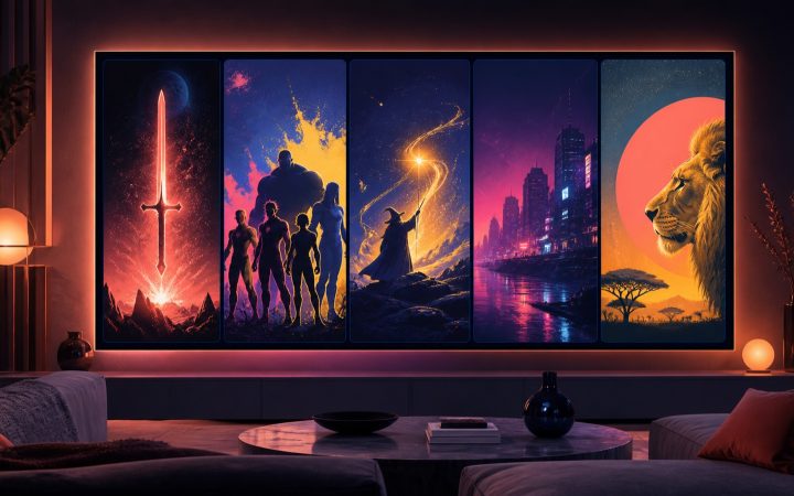 Televisão exibe uma vitrine colorida de fantasia, ficção científica, cidade e natureza