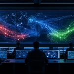 Equipe acompanha agentes de inteligência artificial correlacionando sinais de segurança em uma central de operações