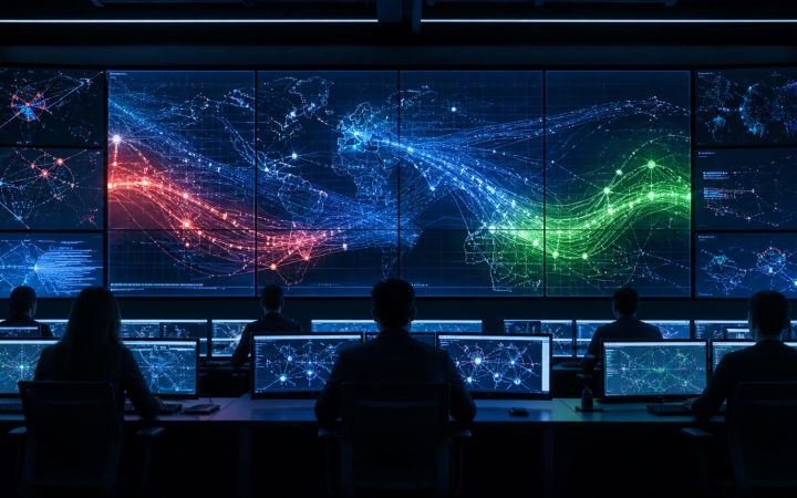 Equipe acompanha agentes de inteligência artificial correlacionando sinais de segurança em uma central de operações