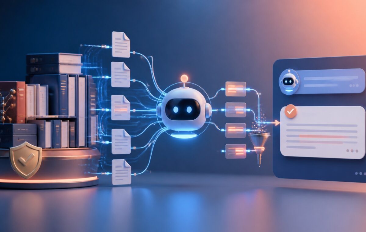 Ilustração de um chatbot consultando uma biblioteca de documentos antes de responder