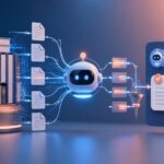 Ilustração de um chatbot consultando uma biblioteca de documentos antes de responder