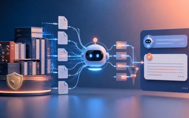 Ilustração de um chatbot consultando uma biblioteca de documentos antes de responder