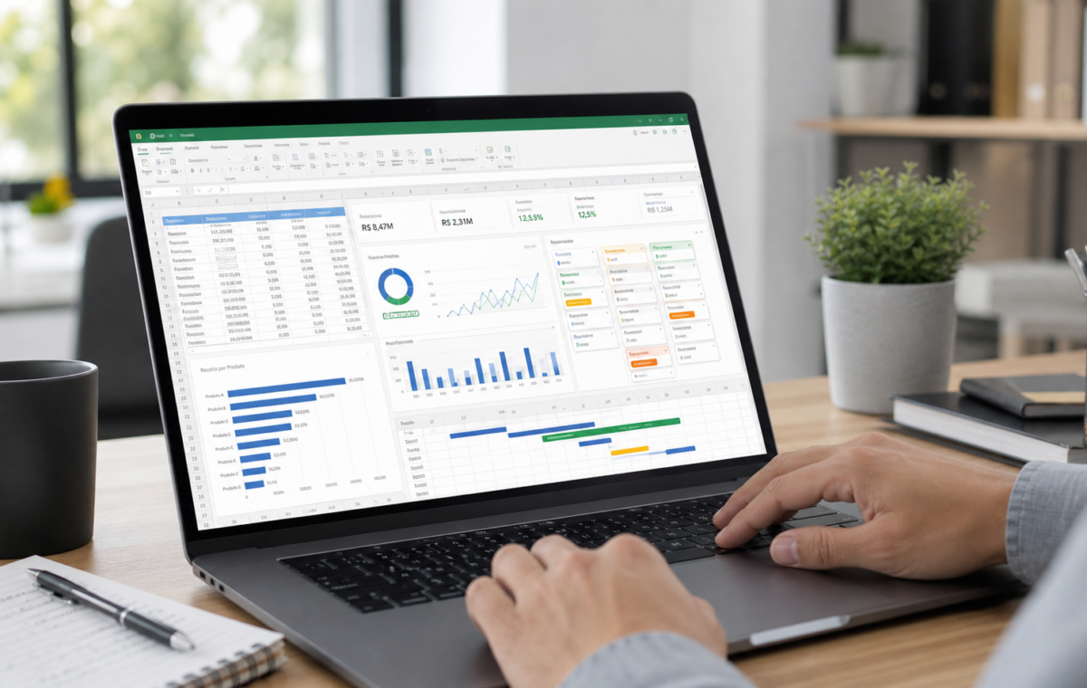 Notebook exibindo planilha convertida em painel com gráficos e cartões