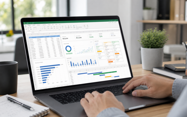 Notebook exibindo planilha convertida em painel com gráficos e cartões