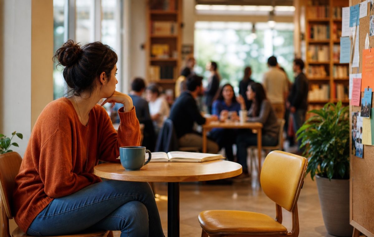Pessoa sozinha em café de biblioteca observa grupos reunidos perto de uma cadeira vazia