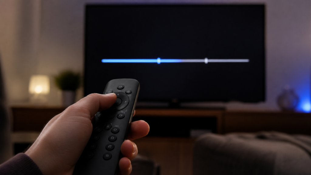 Mão segura controle remoto diante de televisão com marcadores de intervalos publicitários